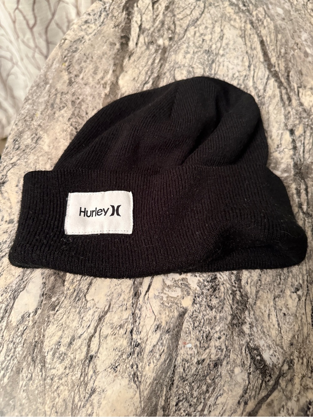 Hurley Black Ribbed Cuffed Beanie with Logo Patch